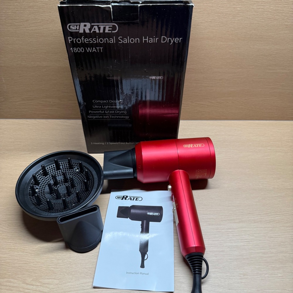 SHRATE Professional Salon Hair Dryer 1800W Red Ionic Blow Dryer with Diffuser